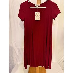 Pink Rose Burgundy Short Sleeve Scoop Neck Swing T-Shirt Dress Small NWT